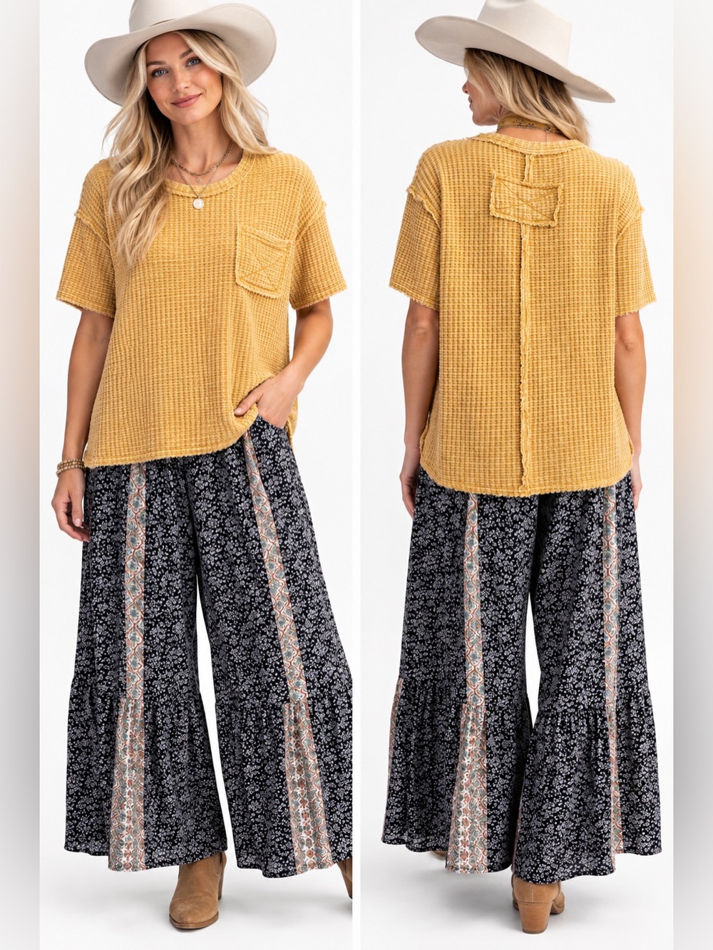 Easel Mustard Yellow Washed Waffle Knit Short Sleeve Boxy Top Boho